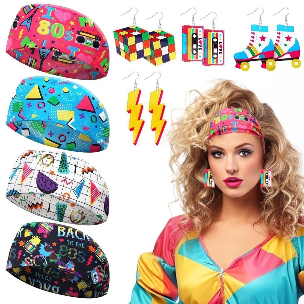 80s 90s Women's Accessories 4 Earrings 4 Headbands Neon Retro Vintage